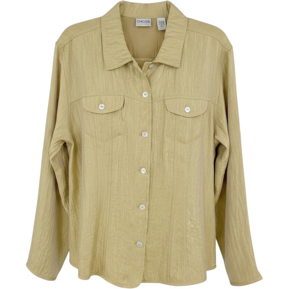 Vintage Chicos Shirt Womens 2/L Gold Textured Button Down Flap Pocket Minimalist